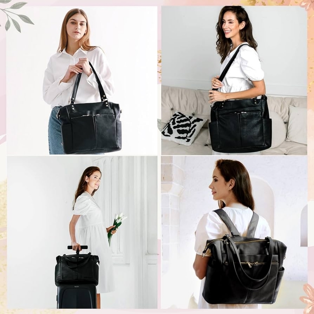 Mominside Black Leather Baby Diaper Bag Backpack, 14 Pockets & Changing Pad - Picture 7 of 16